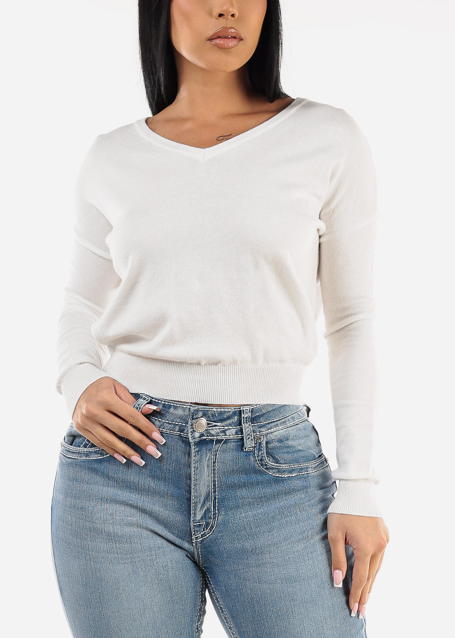 Criss Cross Back White Long Sleeve Sweater Top