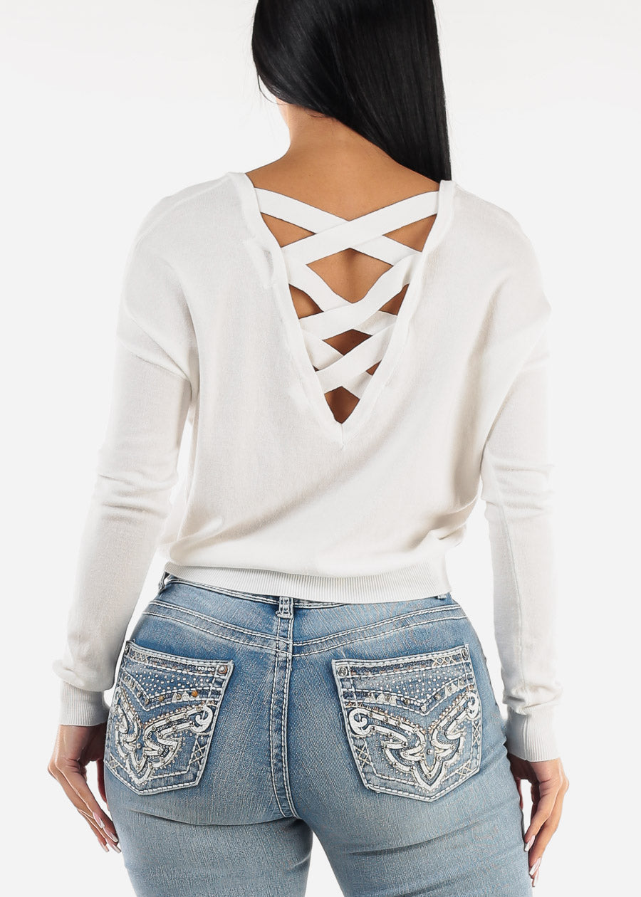 Criss Cross Back White Long Sleeve Sweater Top