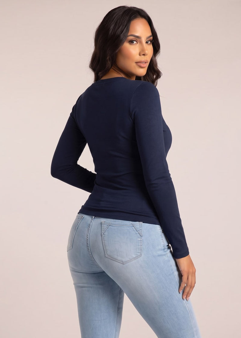 Long Sleeve Vneck Stretch Top Heather Navy