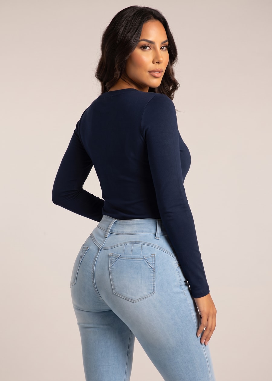 Long Sleeve Vneck Stretch Top Navy, view 4 of 4