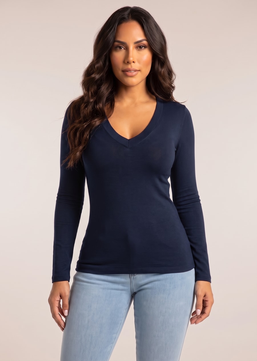 Long Sleeve Vneck Stretch Top Heather Navy, view 1 of 4