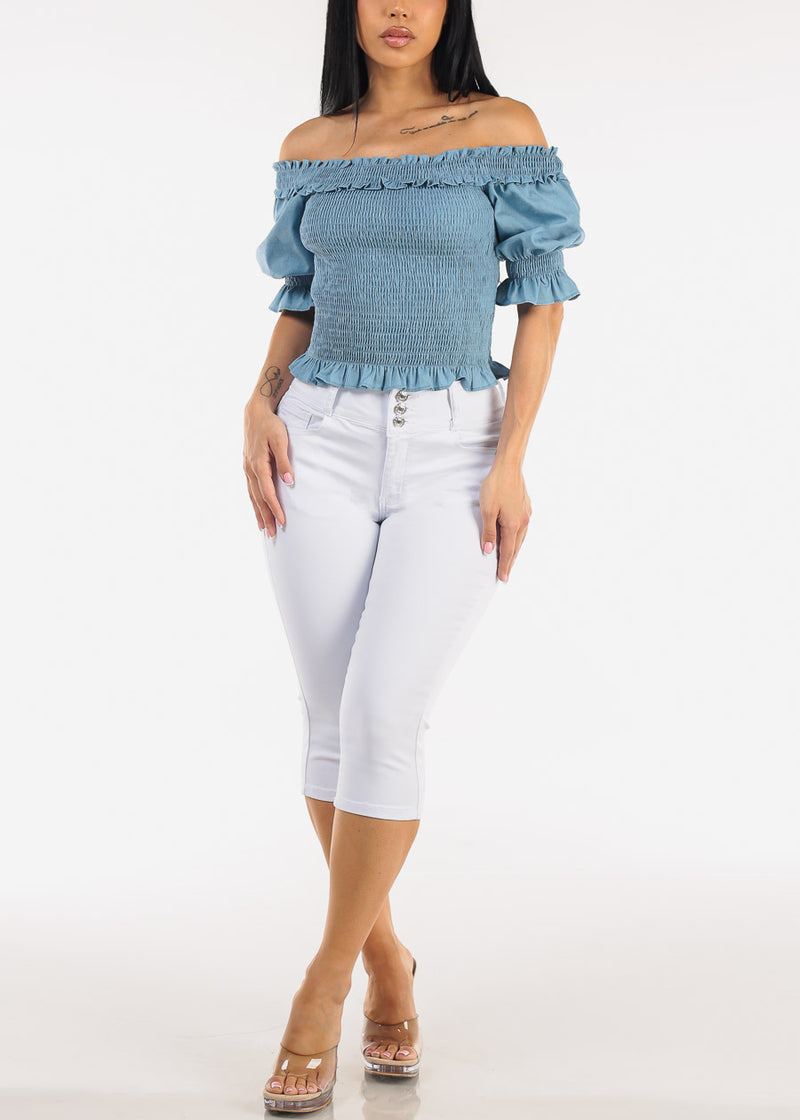 Off Shoulder Ruffled Smocked Denim Blouse Blue
