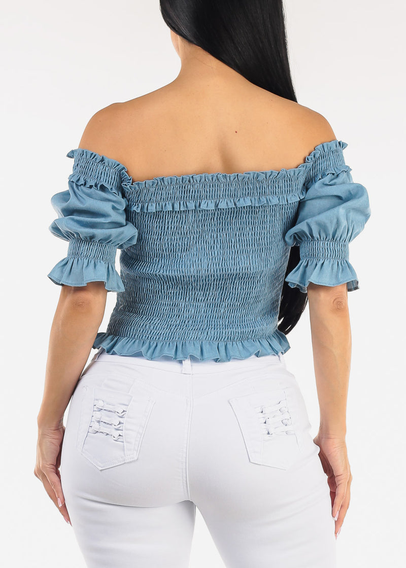 Off Shoulder Ruffled Smocked Denim Blouse Blue