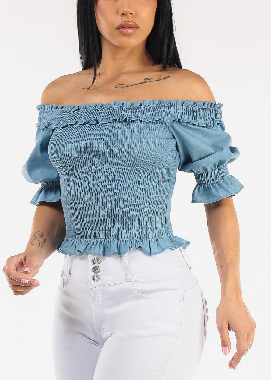 Off Shoulder Ruffled Smocked Denim Blouse Blue