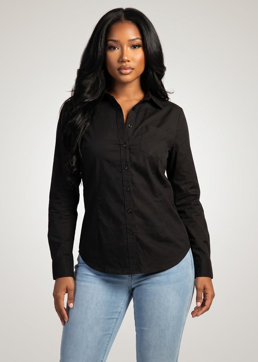 Long Sleeve Button Up Collared Stretch Blouse Black, view 1 of 2