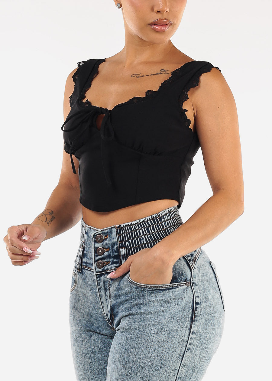 Sleeveless Black Crop Top w Lace Detail