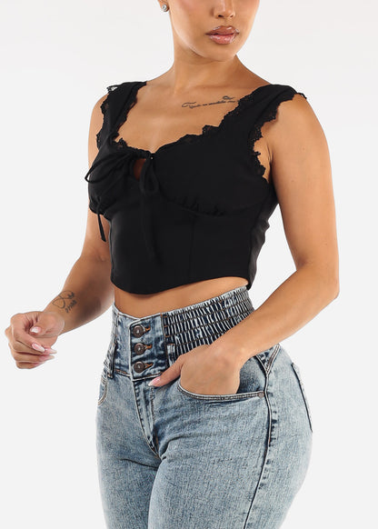 Sleeveless Black Crop Top w Lace Detail