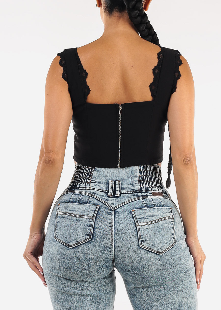 Sleeveless Black Crop Top w Lace Detail