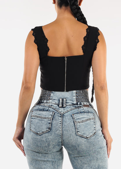 Sleeveless Black Crop Top w Lace Detail