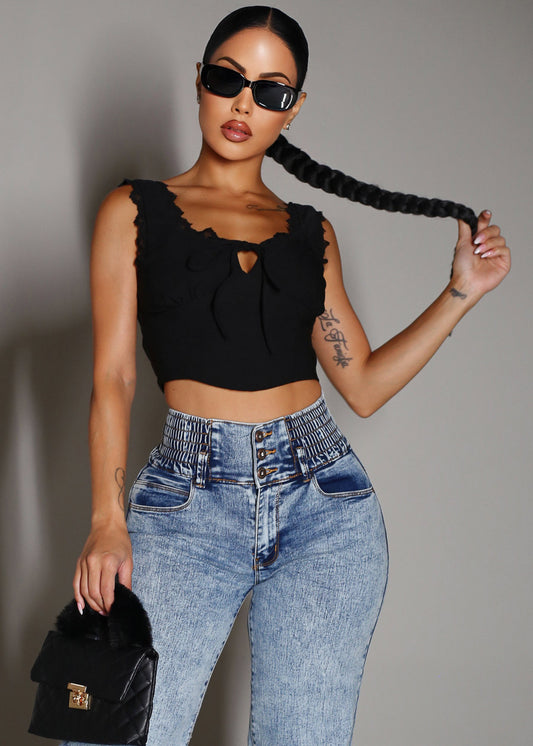 Sleeveless Black Crop Top w Lace Detail