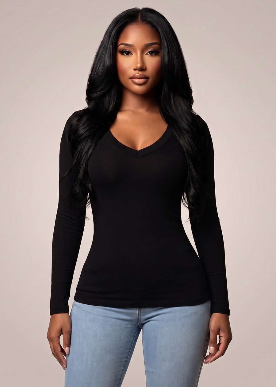 Long Sleeve Vneck Stretch Top Heather Grey, view 3 of 4