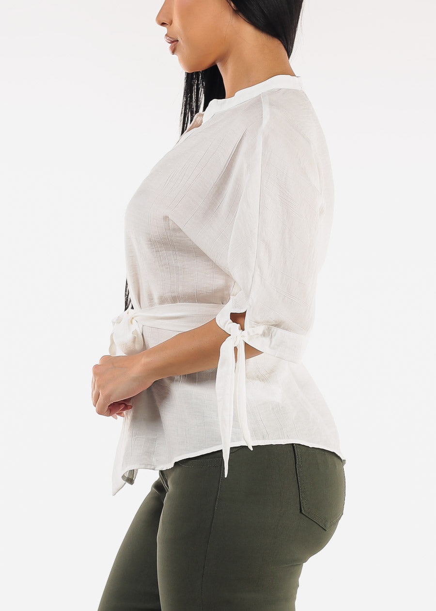 Belted Short Sleeve Button Up Blouse White
