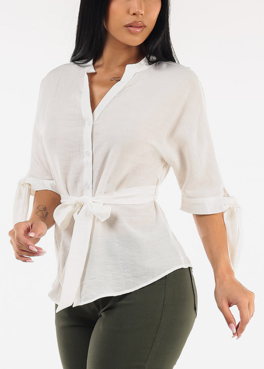 Belted Short Sleeve Button Up Blouse White