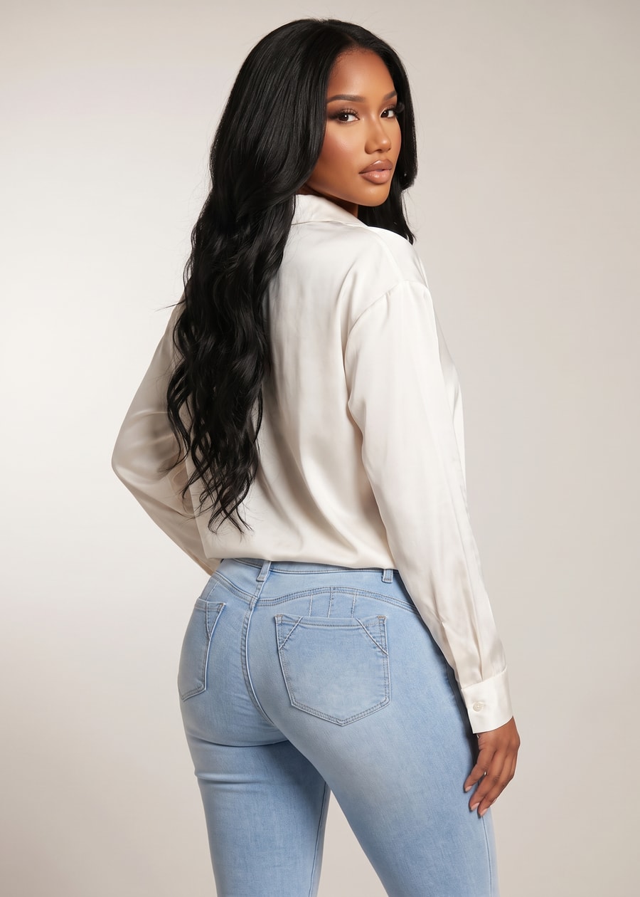 Long Sleeve Button Down Satin Collared Blouse Ivory, view 2 of 2