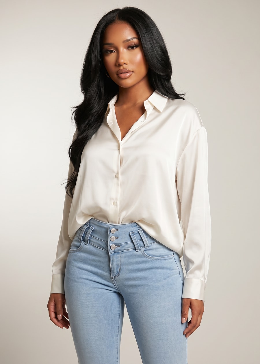 Long Sleeve Button Down Satin Collared Blouse Ivory, view 1 of 2