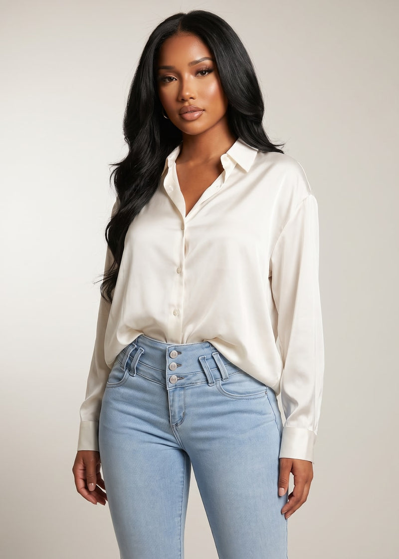 Long Sleeve Button Down Satin Collared Blouse Ivory