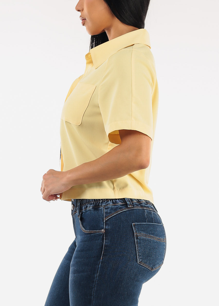 Short Sleeve Button Up Collared Blouse Yellow