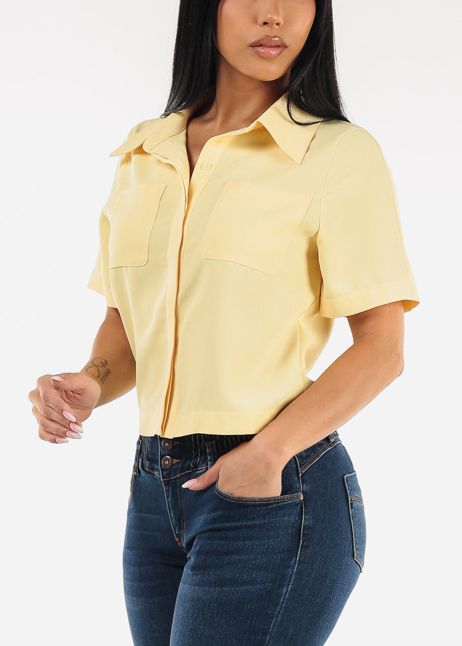 Short Sleeve Button Up Collared Blouse Yellow