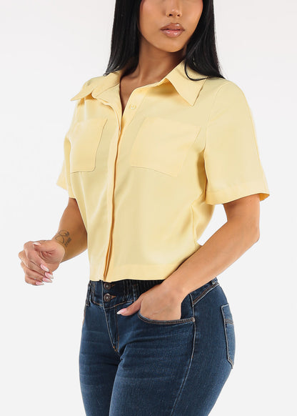 Short Sleeve Button Up Collared Blouse Yellow