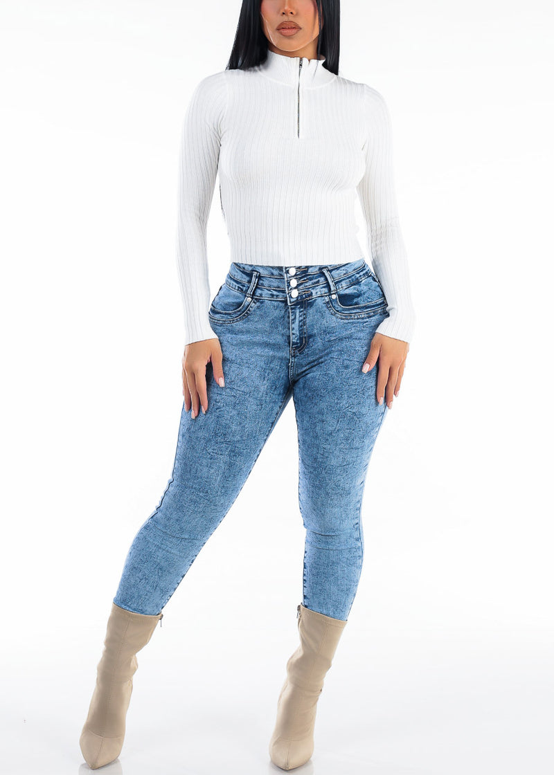 Long Sleeve Half Zip Up Ribbed Sweater Top Off White