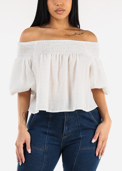 Short Puff Sleeve Off Shoulder Top White