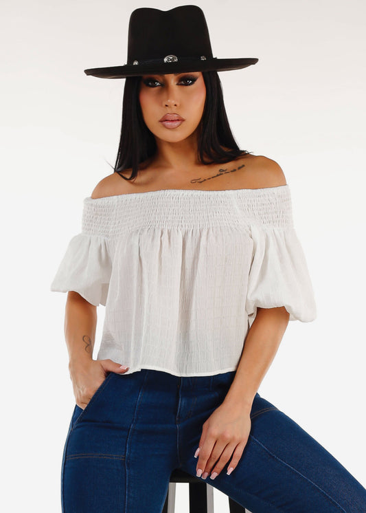 Short Puff Sleeve Off Shoulder Top White