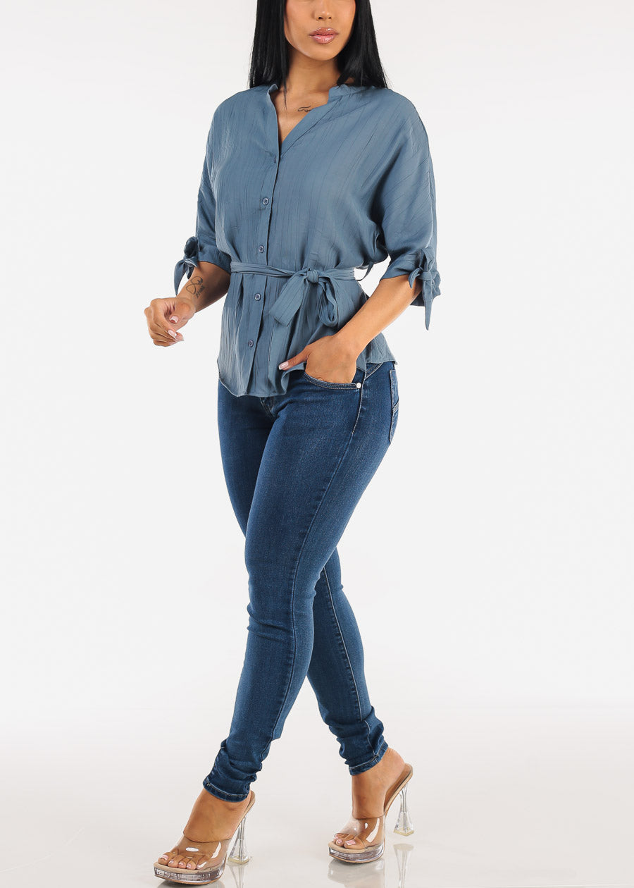 Belted Short Sleeve Button Up Blouse Blue