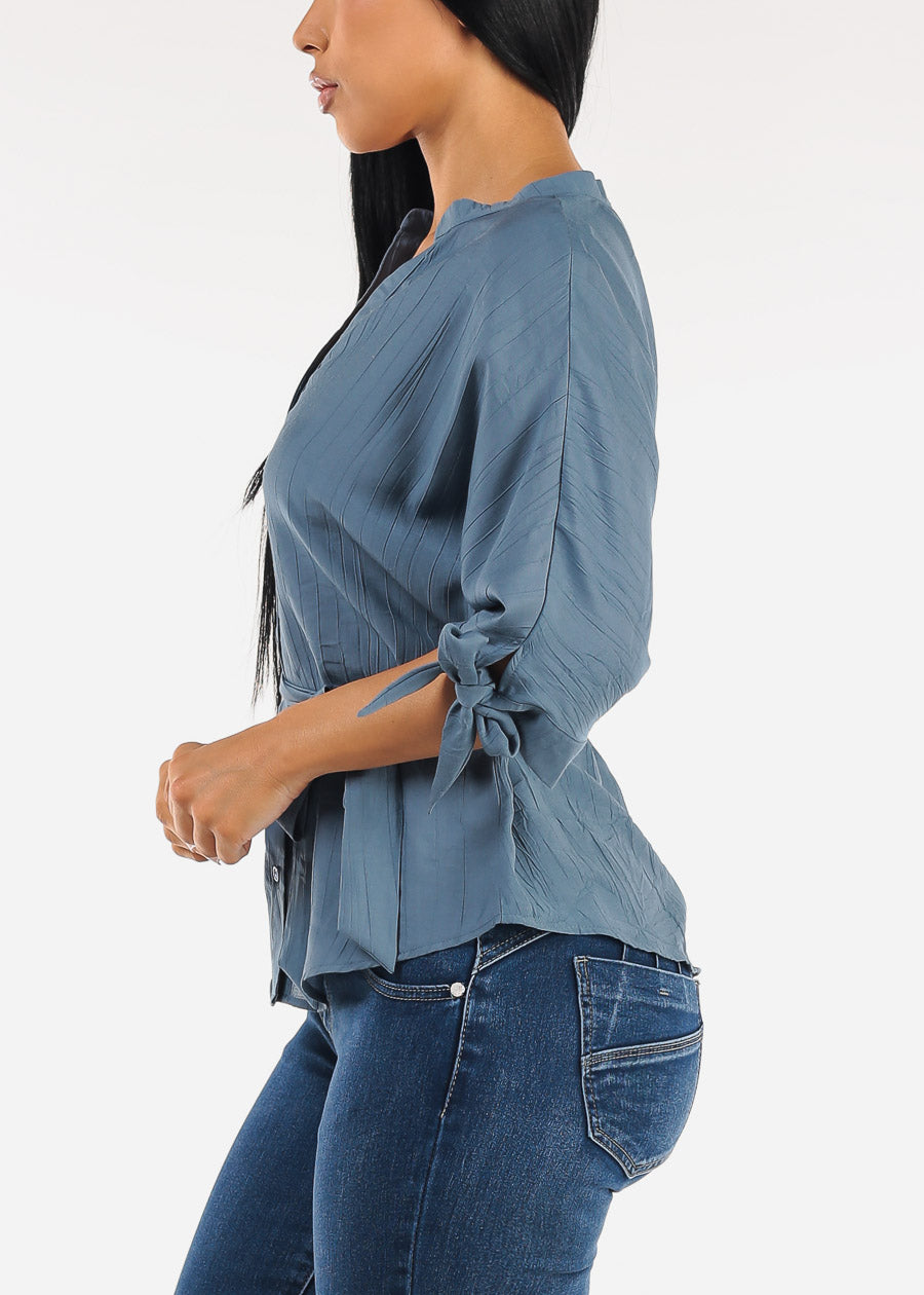 Belted Short Sleeve Button Up Blouse Blue