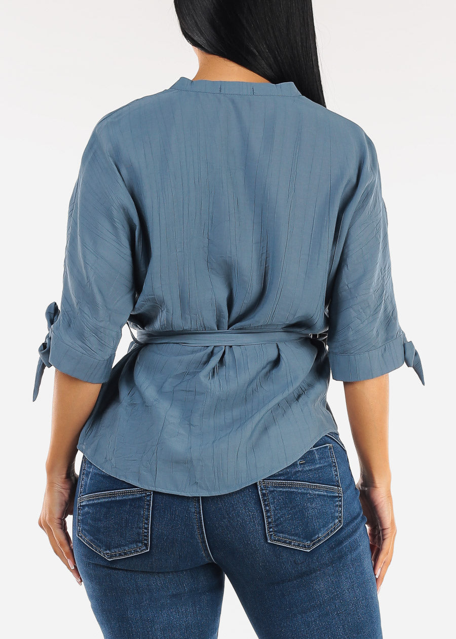 Belted Short Sleeve Button Up Blouse Blue
