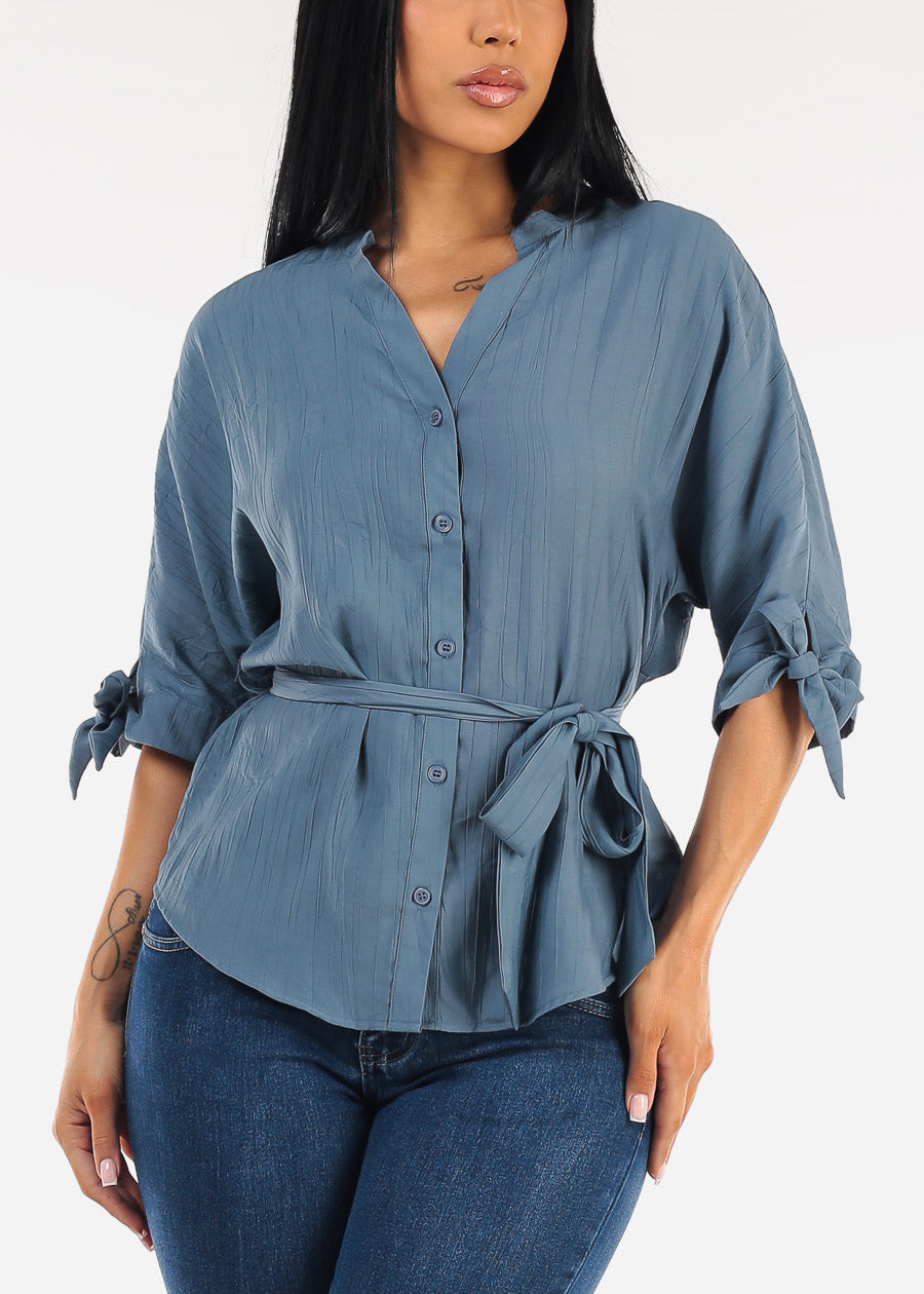 Belted Short Sleeve Button Up Blouse Blue
