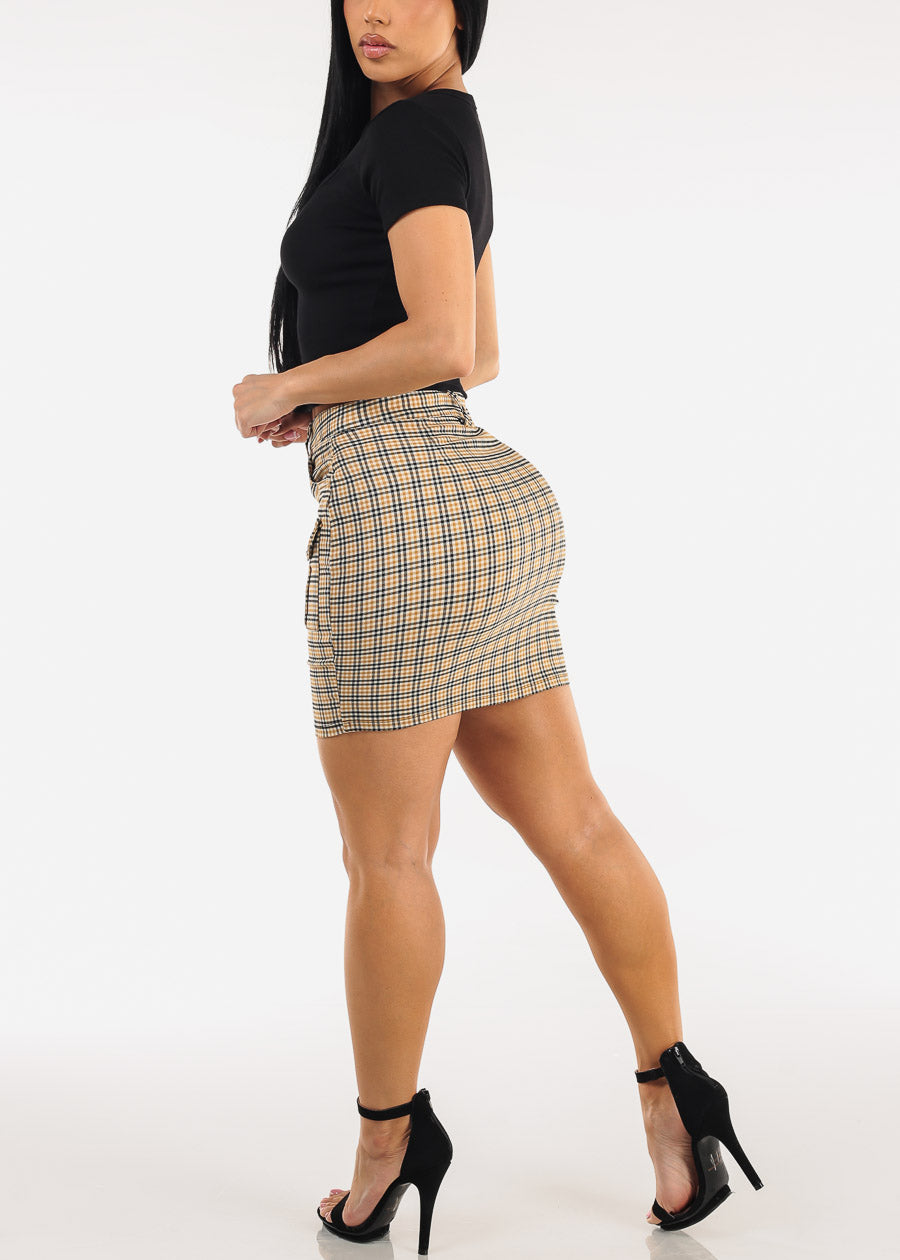 High Waist Stretch Plaid Mini Skirt Mustard