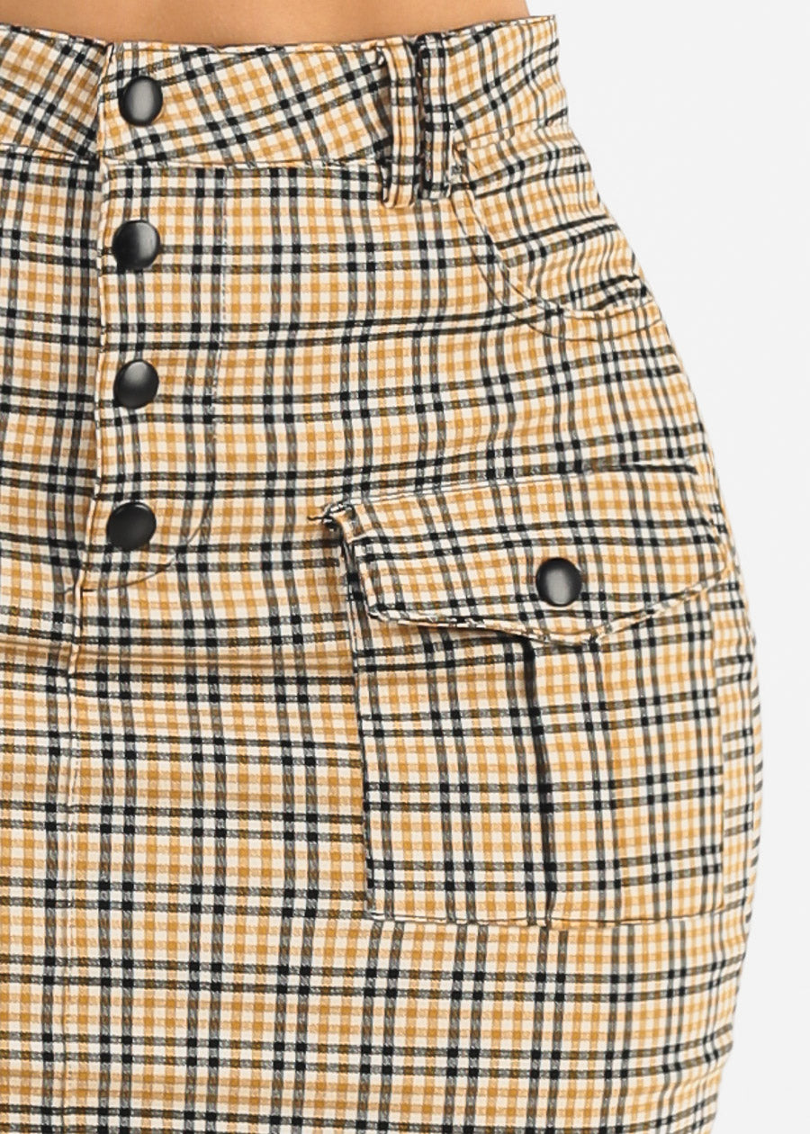 High Waist Stretch Plaid Mini Skirt Mustard