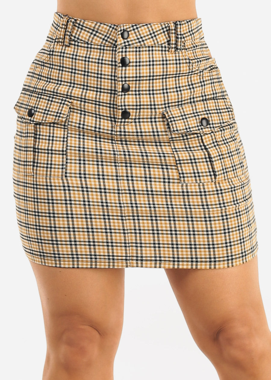 High Waist Stretch Plaid Mini Skirt Mustard