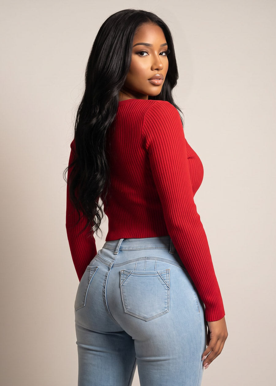 Long Sleeve Scoop Neck Ribbed Cropped Sweater Red, view 2 of 2
