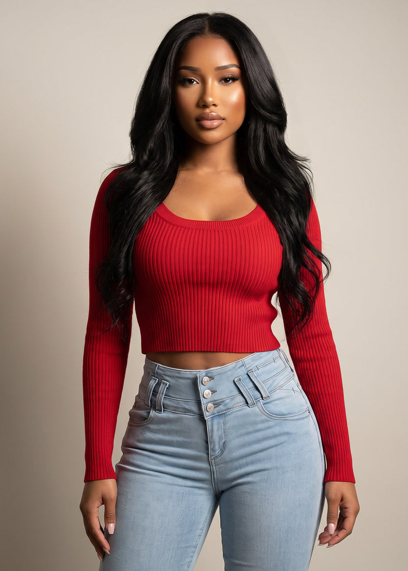 Long Sleeve Scoop Neck Ribbed Cropped Sweater Red