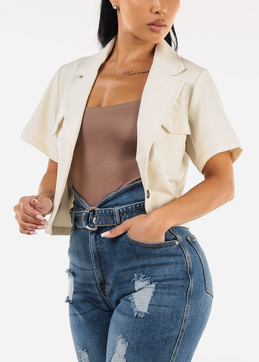 Short Sleeve 2 Button Blazer Jacket Oatmeal