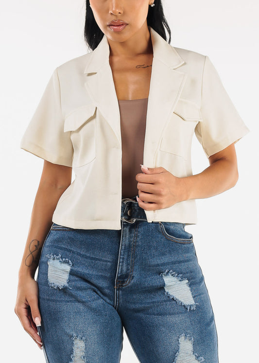 Short Sleeve 2 Button Blazer Jacket Oatmeal