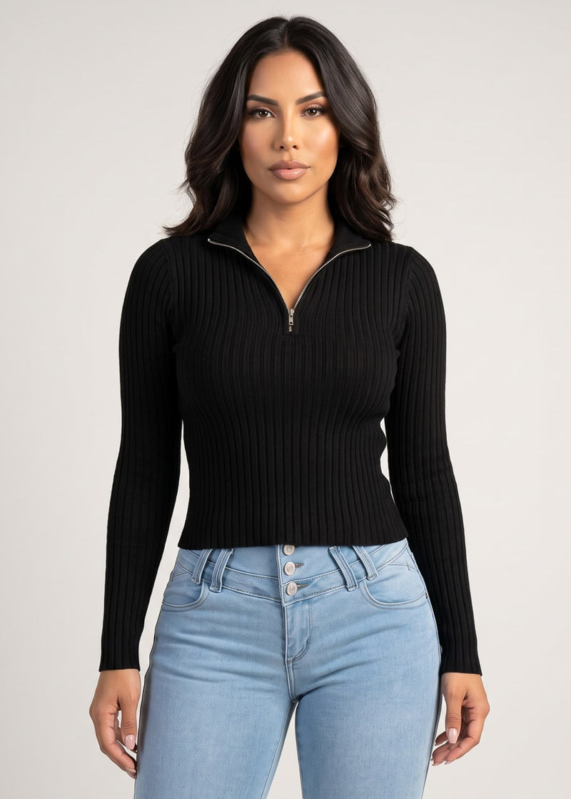 Long Sleeve Half Zip Up Ribbed Sweater Top Black