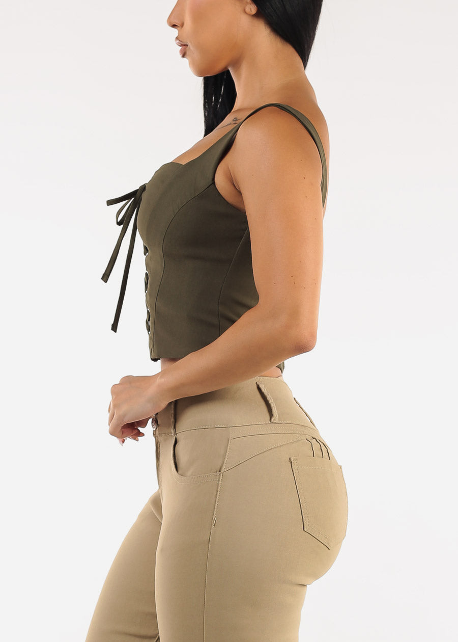 Sleeveless Lace Up Crop Top Olive