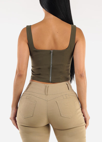 Sleeveless Lace Up Crop Top Olive