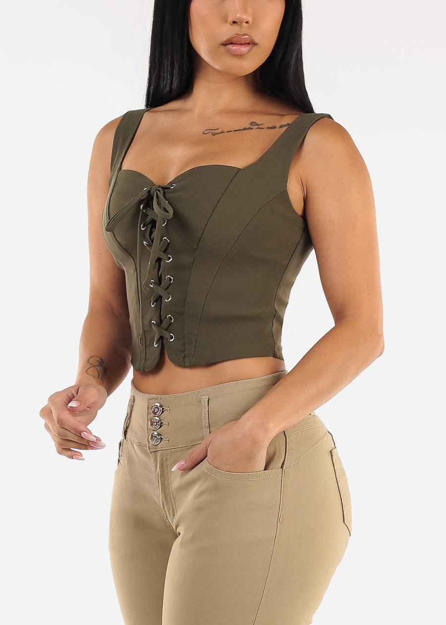 Sleeveless Lace Up Crop Top Olive