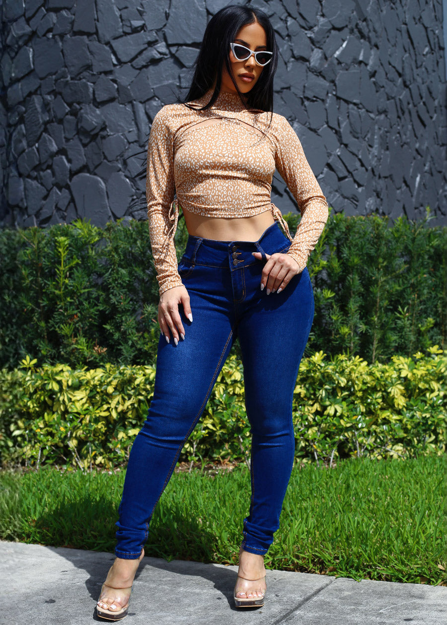 Long Sleeve Cut Out Animal Print Ribbed Crop Top Mocha