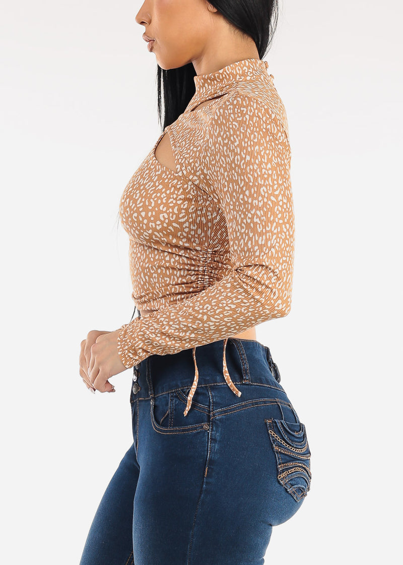 Long Sleeve Cut Out Animal Print Ribbed Crop Top Mocha