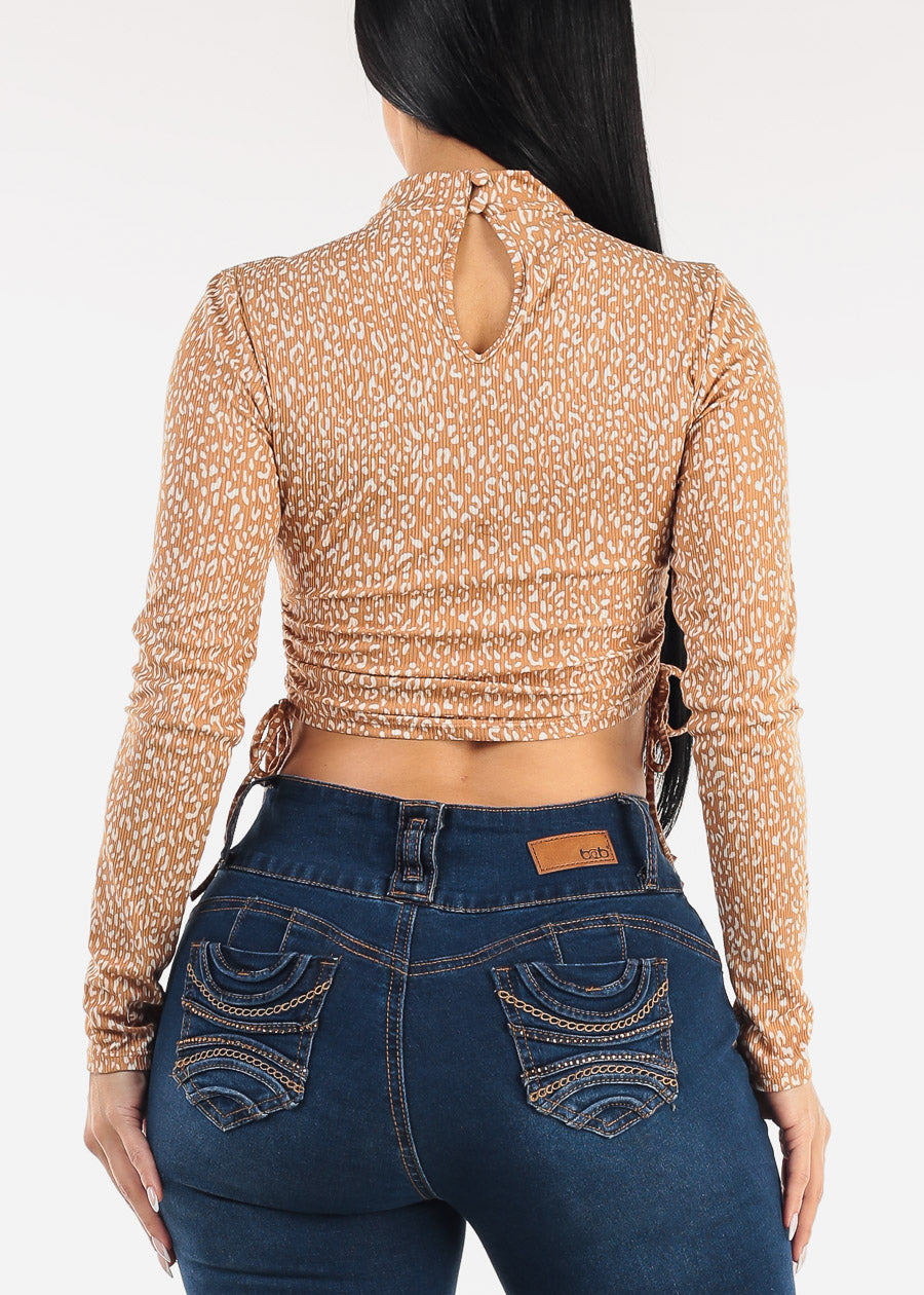 Long Sleeve Cut Out Animal Print Ribbed Crop Top Mocha