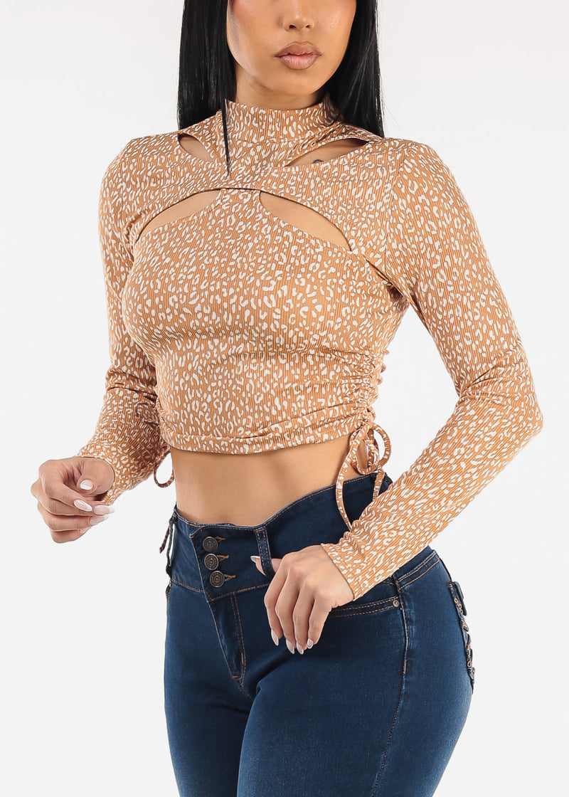 Long Sleeve Cut Out Animal Print Ribbed Crop Top Mocha