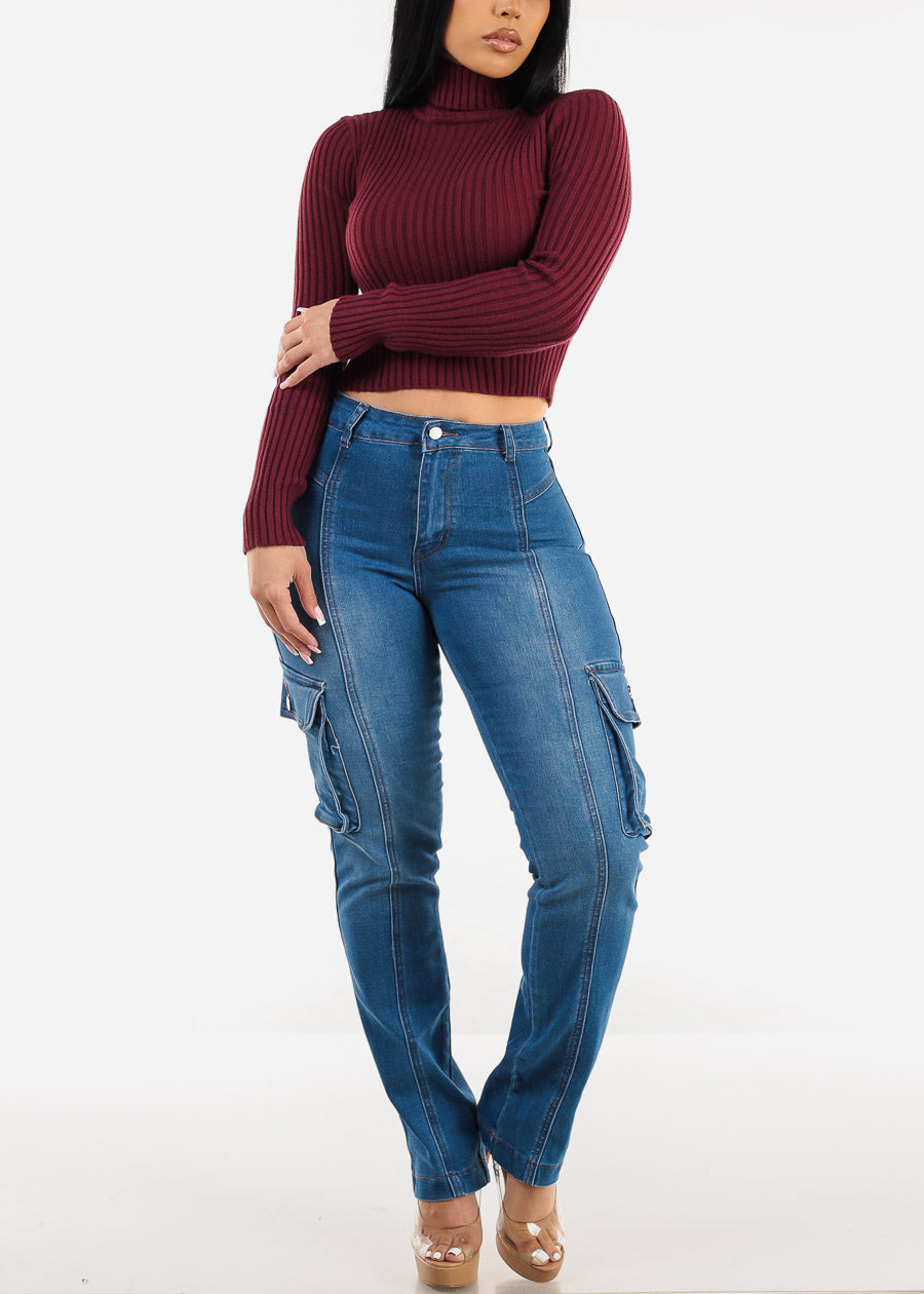 Long Sleeve Turtleneck Cropped Sweater Burgundy