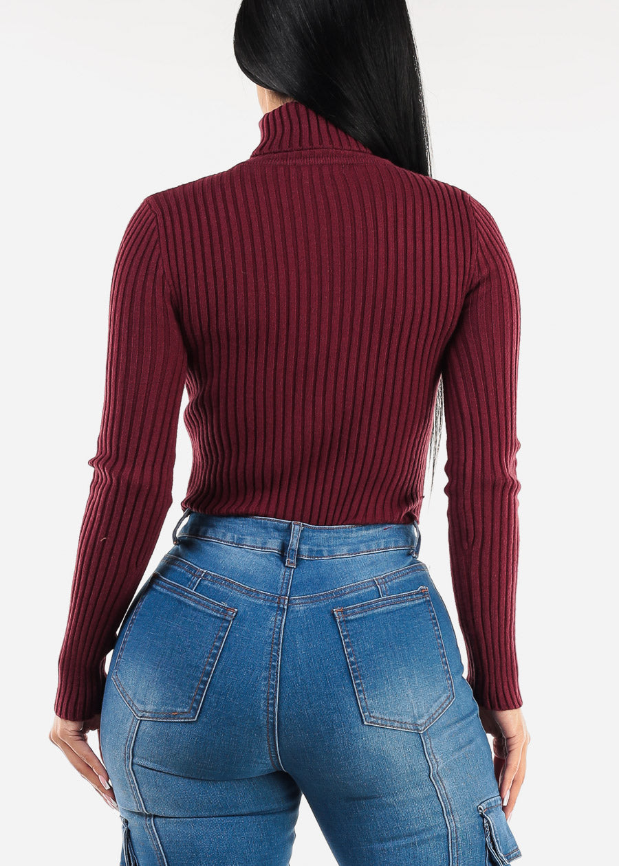 Long Sleeve Turtleneck Cropped Sweater Burgundy