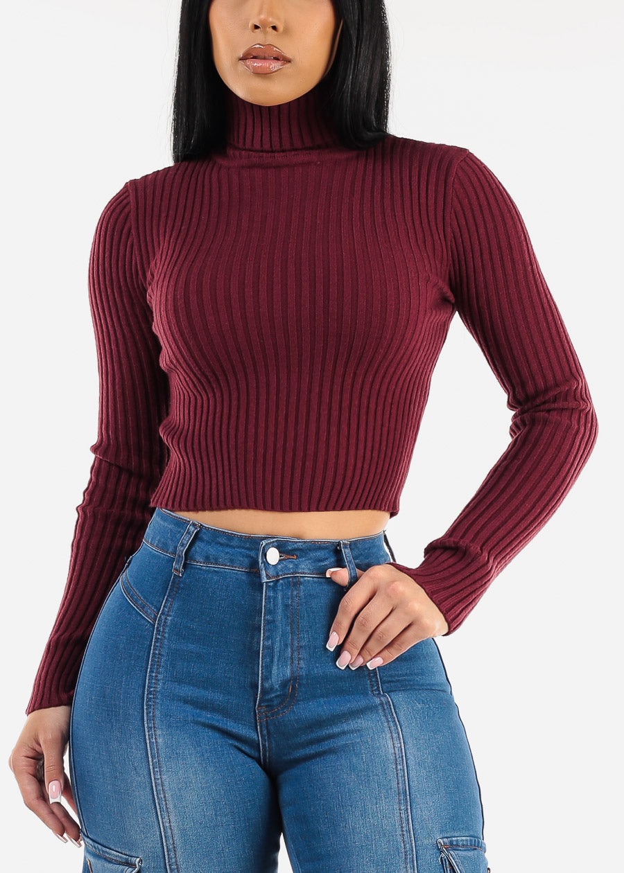 Long Sleeve Turtleneck Cropped Sweater Burgundy