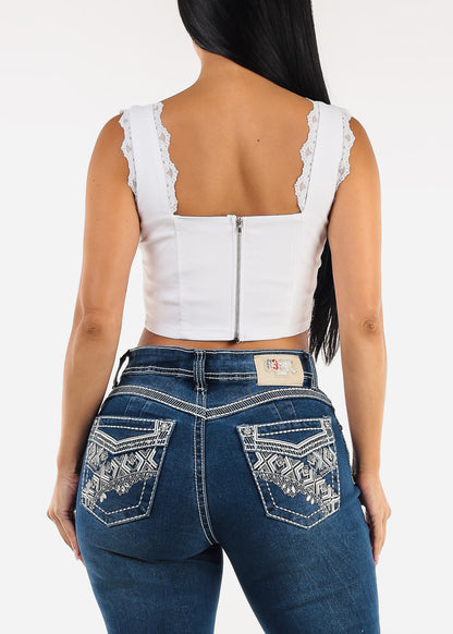 Sleeveless White Crop Top w Lace Detail