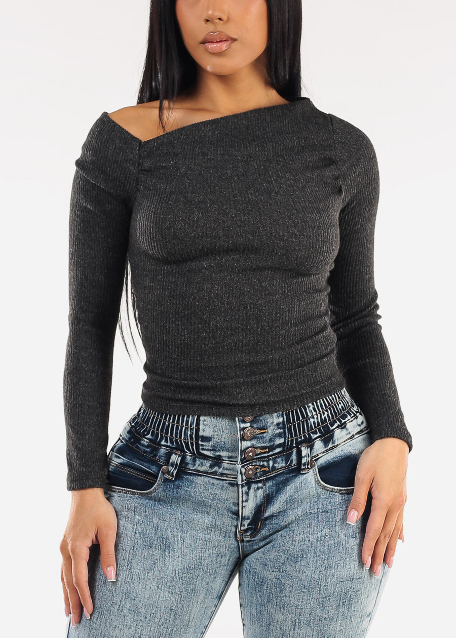 Long Sleeve Asymmetrical Neckline Stretch Knit Top Heather Black